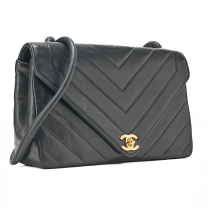 CHANEL Lambskin V-Stitch V-Flap Turn Lock Shoulder Bag Black Gold-Tone Hardware, Pre-Owned