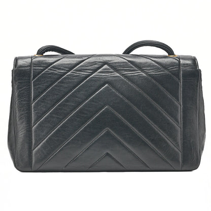 CHANEL Lambskin V-Stitch V-Flap Turn Lock Shoulder Bag Black Gold-Tone Hardware, Pre-Owned