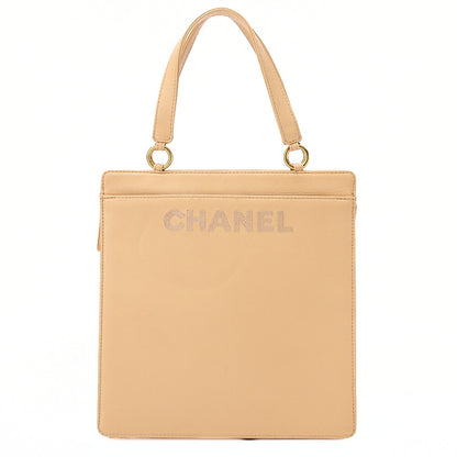 CHANEL Lambskin Logo Handbag Beige Gold-Tone Hardware, Pre-Owned