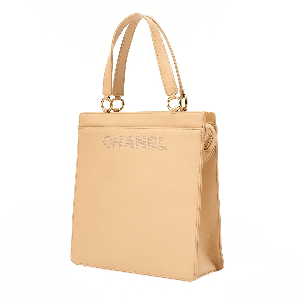 CHANEL Lambskin Logo Handbag Beige Gold-Tone Hardware, Pre-Owned
