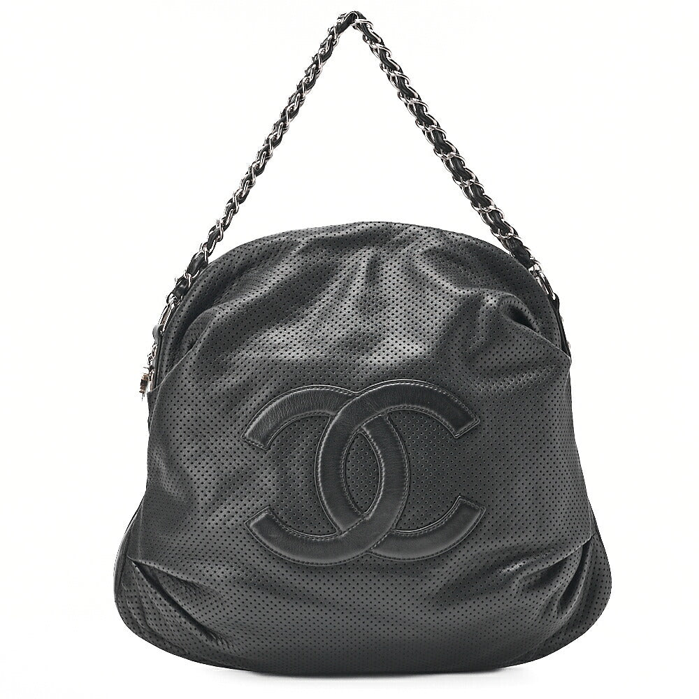 CHANEL Lambskin Punching Coco Mark Coco Charm Chain Handbag Black Silver-Tone Hardware, Pre-Owned