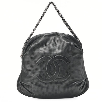 CHANEL Lambskin Punching Coco Mark Coco Charm Chain Handbag Black Silver-Tone Hardware, Pre-Owned