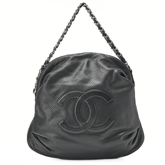 CHANEL ラムスキン パンチング ココマーク ココチャーム チェーンハンドバッグ ブラック シルバー金具 中古