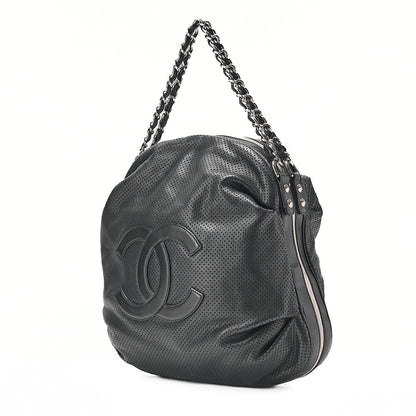 CHANEL Lambskin Punching Coco Mark Coco Charm Chain Handbag Black Silver-Tone Hardware, Pre-Owned