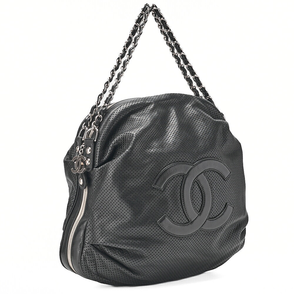 CHANEL Lambskin Punching Coco Mark Coco Charm Chain Handbag Black Silver-Tone Hardware, Pre-Owned