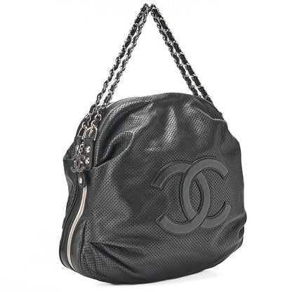 CHANEL Lambskin Punching Coco Mark Coco Charm Chain Handbag Black Silver-Tone Hardware, Pre-Owned