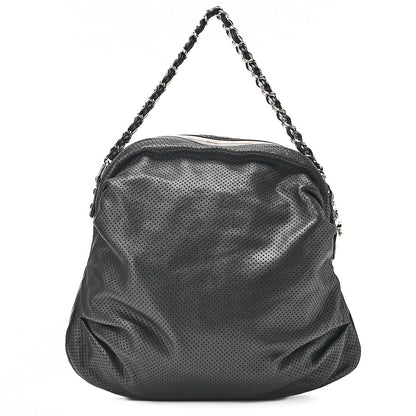 CHANEL Lambskin Punching Coco Mark Coco Charm Chain Handbag Black Silver-Tone Hardware, Pre-Owned
