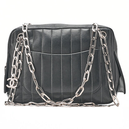 CHANEL Lambskin New Mademoiselle Coco Charm Shoulder Bag Black Silver-Tone Hardware, Pre-Owned