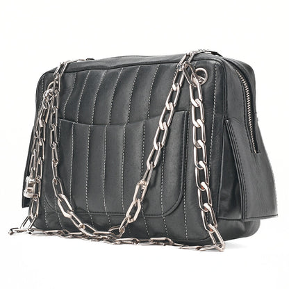 CHANEL Lambskin New Mademoiselle Coco Charm Shoulder Bag Black Silver-Tone Hardware, Pre-Owned