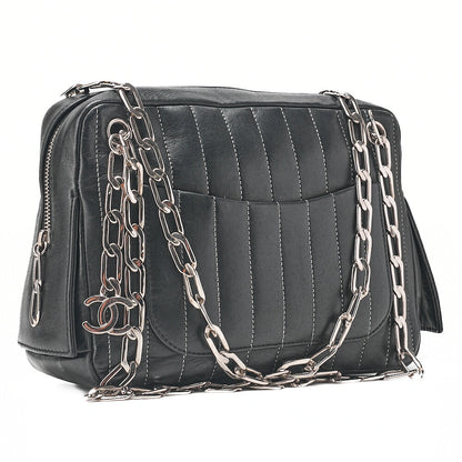 CHANEL Lambskin New Mademoiselle Coco Charm Shoulder Bag Black Silver-Tone Hardware, Pre-Owned