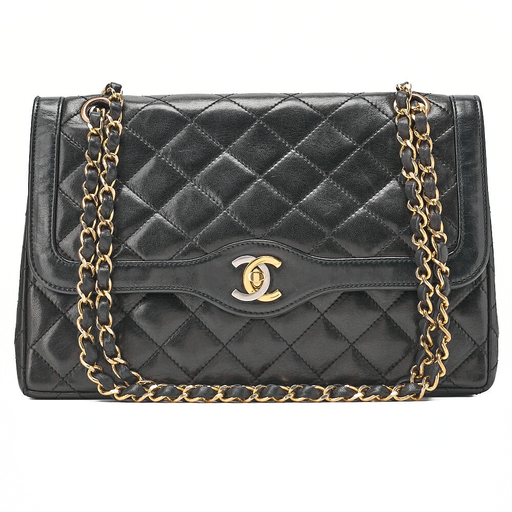CHANEL Lambskin Matelasse Paris Limited Double Flap Chain Shoulder Bag Black Gold-Tone Hardware, Pre-Owned