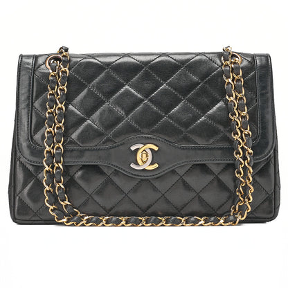 CHANEL Lambskin Matelasse Paris Limited Double Flap Chain Shoulder Bag Black Gold-Tone Hardware, Pre-Owned