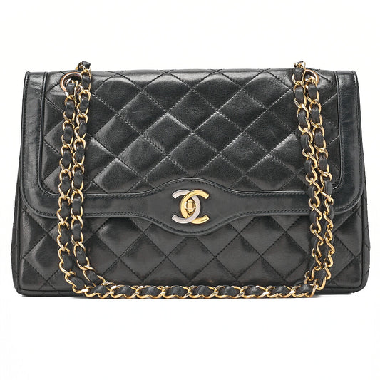 シャネル ラムスキン マトラッセ パリ限定 ダブルフラップ チェーンショルダーバッグ 黒 ゴールド金具 USED