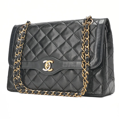 CHANEL Lambskin Matelasse Paris Limited Double Flap Chain Shoulder Bag Black Gold-Tone Hardware, Pre-Owned