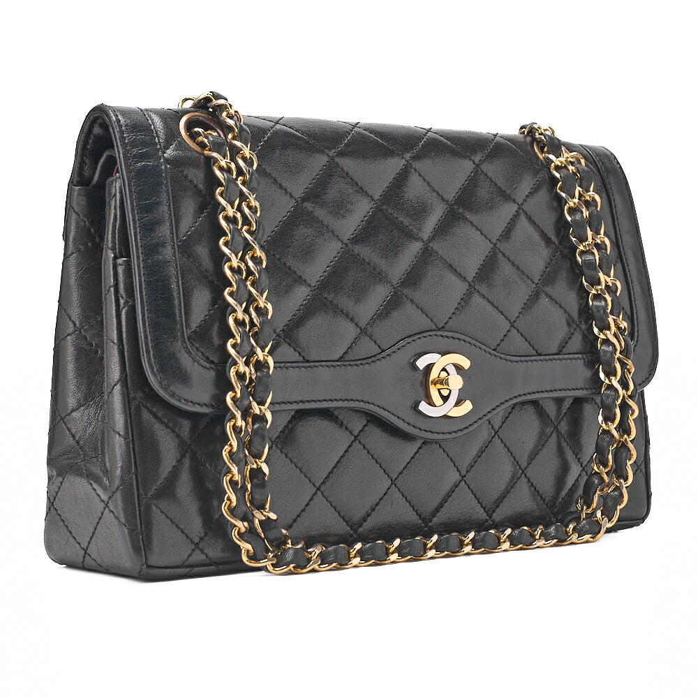 CHANEL Lambskin Matelasse Paris Limited Double Flap Chain Shoulder Bag Black Gold-Tone Hardware, Pre-Owned