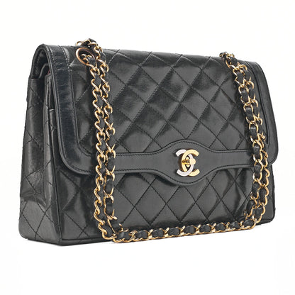 CHANEL Lambskin Matelasse Paris Limited Double Flap Chain Shoulder Bag Black Gold-Tone Hardware, Pre-Owned