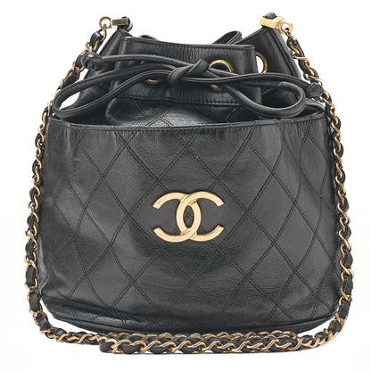 CHANEL Lambskin Matelasse Bicolore Drawstring Style Chain Shoulder Black Gold-Tone Hardware, Pre-Owned