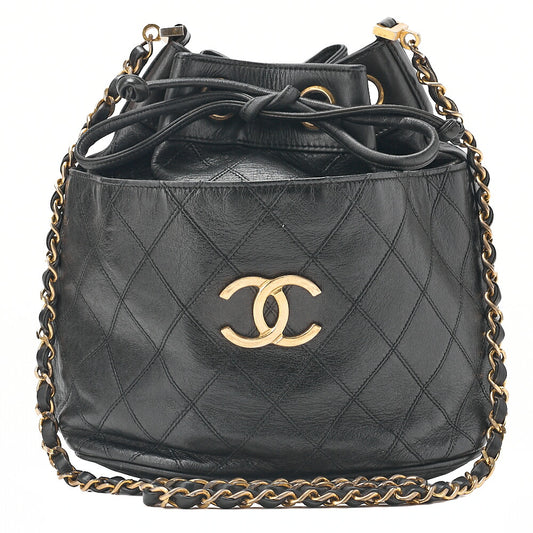 CHANEL Lambskin Matelasse Bicolore Drawstring Style Chain Shoulder Black Gold-Tone Hardware, Pre-Owned