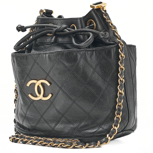 CHANEL Lambskin Matelasse Bicolore Drawstring Style Chain Shoulder Black Gold-Tone Hardware, Pre-Owned