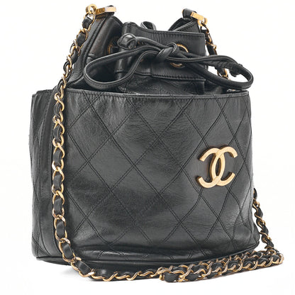 CHANEL Lambskin Matelasse Bicolore Drawstring Style Chain Shoulder Black Gold-Tone Hardware, Pre-Owned