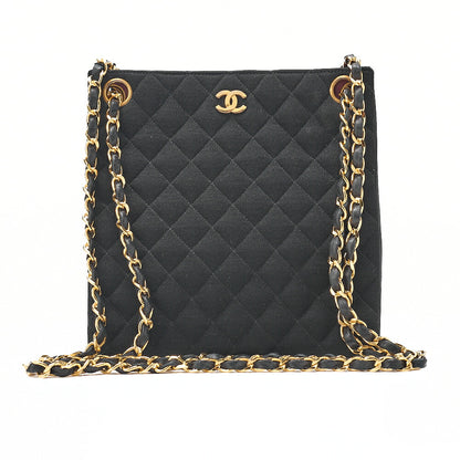 CHANEL Lambskin x Cotton Matelasse Coco Mark Double Chain Shoulder Bag Black Gold-Tone Hardware, Pre-Owned