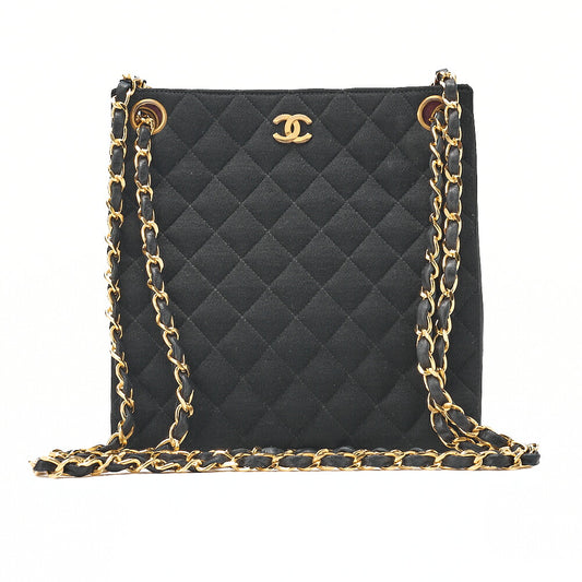 CHANEL Lambskin x Cotton Matelasse Coco Mark Double Chain Shoulder Bag Black Gold-Tone Hardware, Pre-Owned