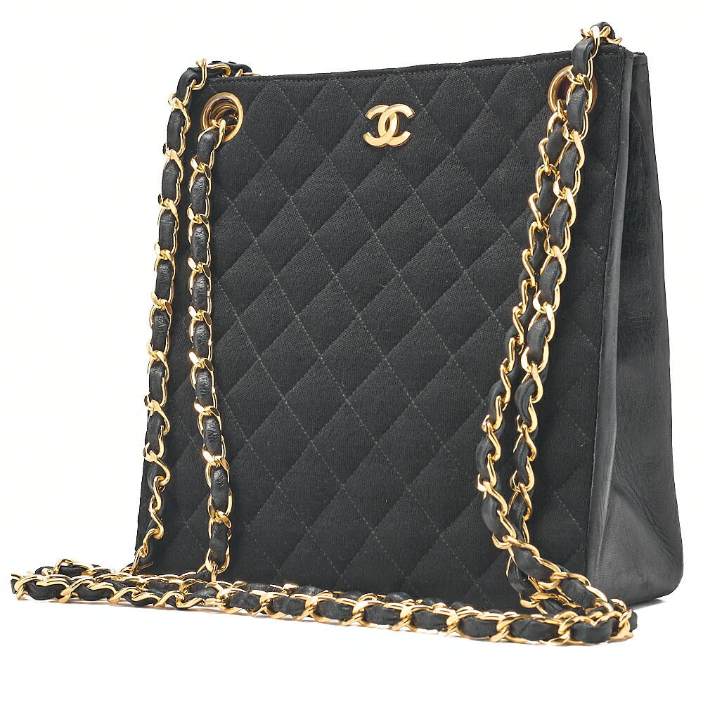CHANEL Lambskin x Cotton Matelasse Coco Mark Double Chain Shoulder Bag Black Gold-Tone Hardware, Pre-Owned