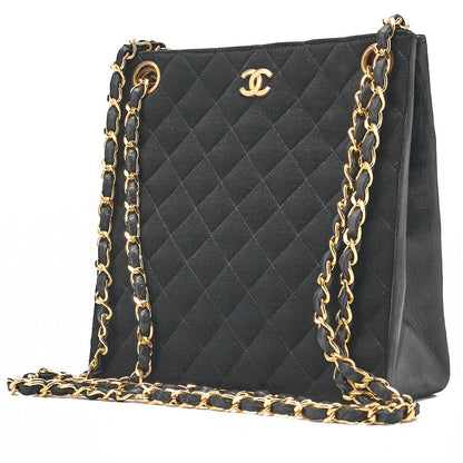 CHANEL Lambskin x Cotton Matelasse Coco Mark Double Chain Shoulder Bag Black Gold-Tone Hardware, Pre-Owned