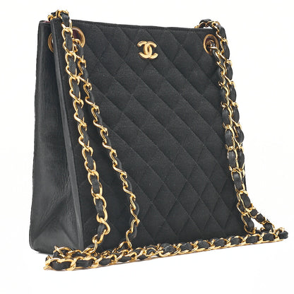 CHANEL Lambskin x Cotton Matelasse Coco Mark Double Chain Shoulder Bag Black Gold-Tone Hardware, Pre-Owned
