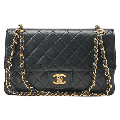 CHANEL Lambskin Matelasse Straight Flap Tang Lock Double Flap Chain Shoulder Bag Black Gold-Tone Hardware, Pre-Owned