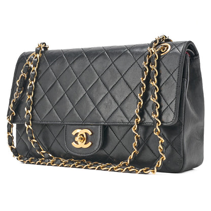 CHANEL Lambskin Matelasse Straight Flap Tang Lock Double Flap Chain Shoulder Bag Black Gold-Tone Hardware, Pre-Owned