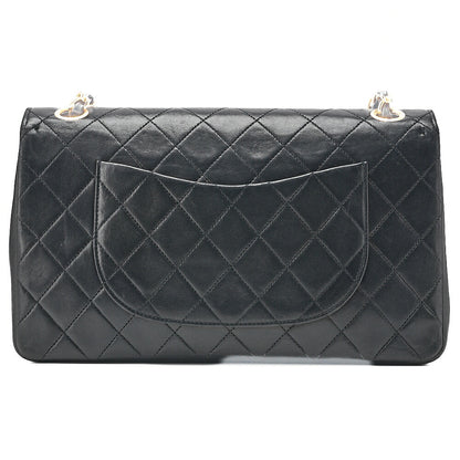 CHANEL Lambskin Matelasse Straight Flap Tang Lock Double Flap Chain Shoulder Bag Black Gold-Tone Hardware, Pre-Owned