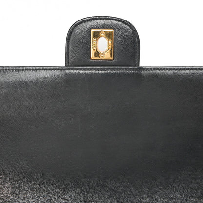 CHANEL Lambskin Matelasse Straight Flap Tang Lock Double Flap Chain Shoulder Bag Black Gold-Tone Hardware, Pre-Owned