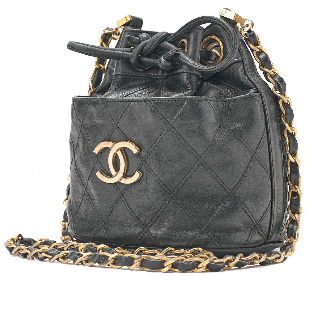CHANEL Lambskin Matelasse Bicolole Drawstring Chain Shoulder Black Gold-Tone Hardware, Pre-Owned