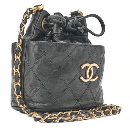 CHANEL Lambskin Matelasse Bicolole Drawstring Chain Shoulder Black Gold-Tone Hardware, Pre-Owned