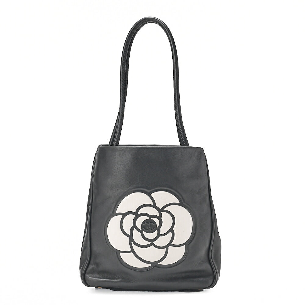CHANEL Camellia Line Tote Bag Lambskin Black x White Gold-Tone Hardware, Pre-Owned