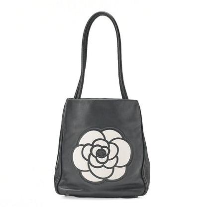 CHANEL Camellia Line Tote Bag Lambskin Black x White Gold-Tone Hardware, Pre-Owned