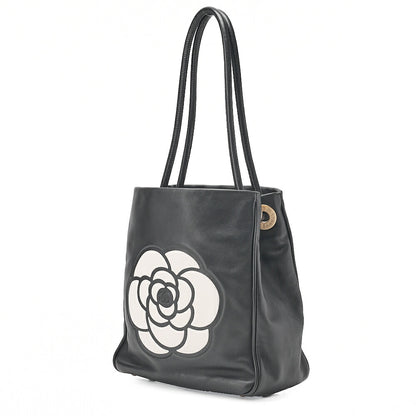 CHANEL Camellia Line Tote Bag Lambskin Black x White Gold-Tone Hardware, Pre-Owned