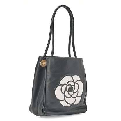 CHANEL Camellia Line Tote Bag Lambskin Black x White Gold-Tone Hardware, Pre-Owned