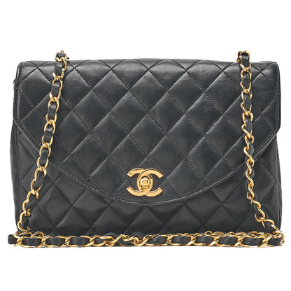 CHANEL Lambskin Matelasse Round Flap Chain Shoulder Black Gold-Tone Hardware, Pre-Owned
