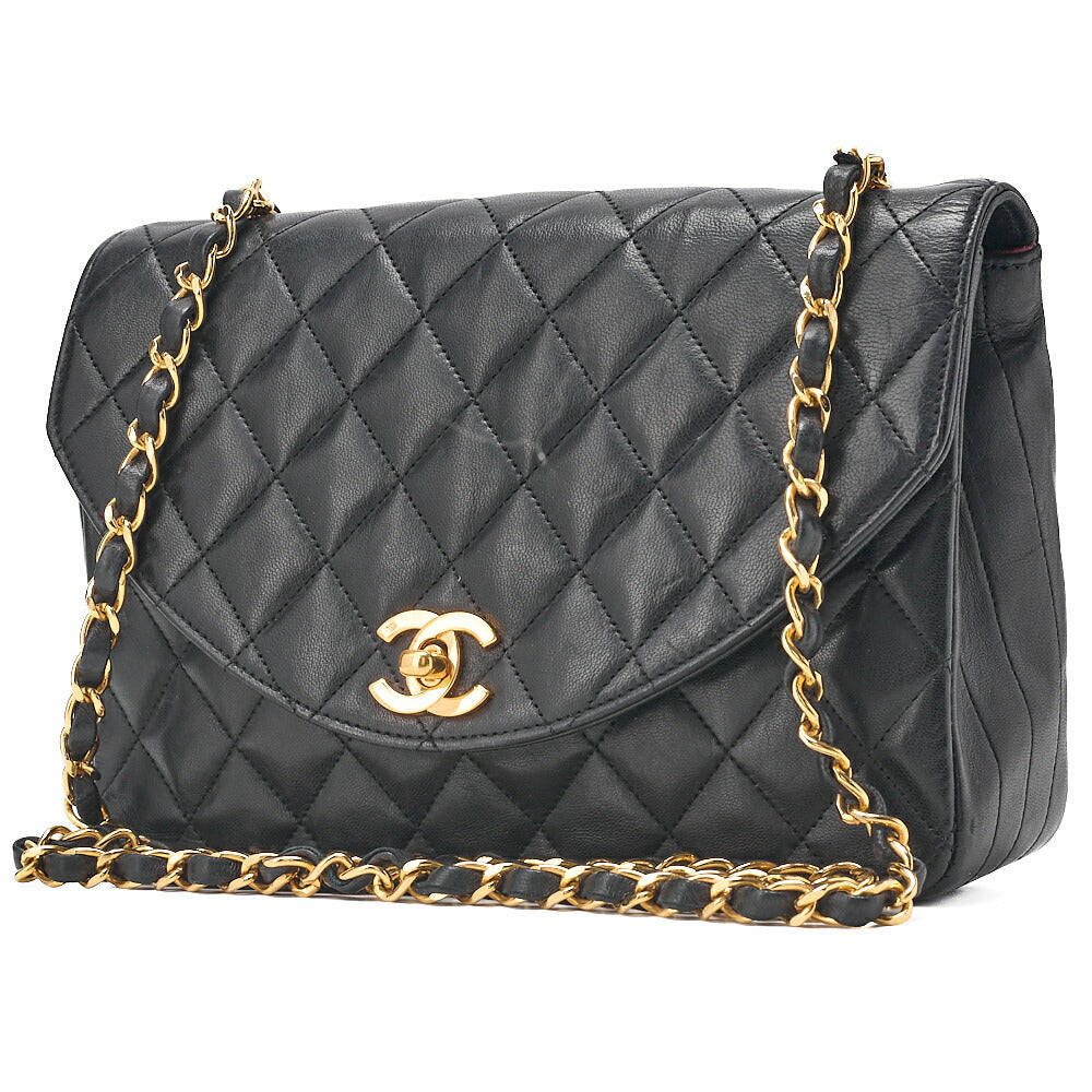 CHANEL Lambskin Matelasse Round Flap Chain Shoulder Black Gold-Tone Hardware, Pre-Owned