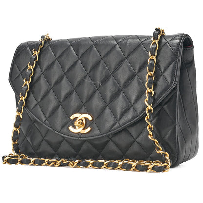 CHANEL Lambskin Matelasse Round Flap Chain Shoulder Black Gold-Tone Hardware, Pre-Owned