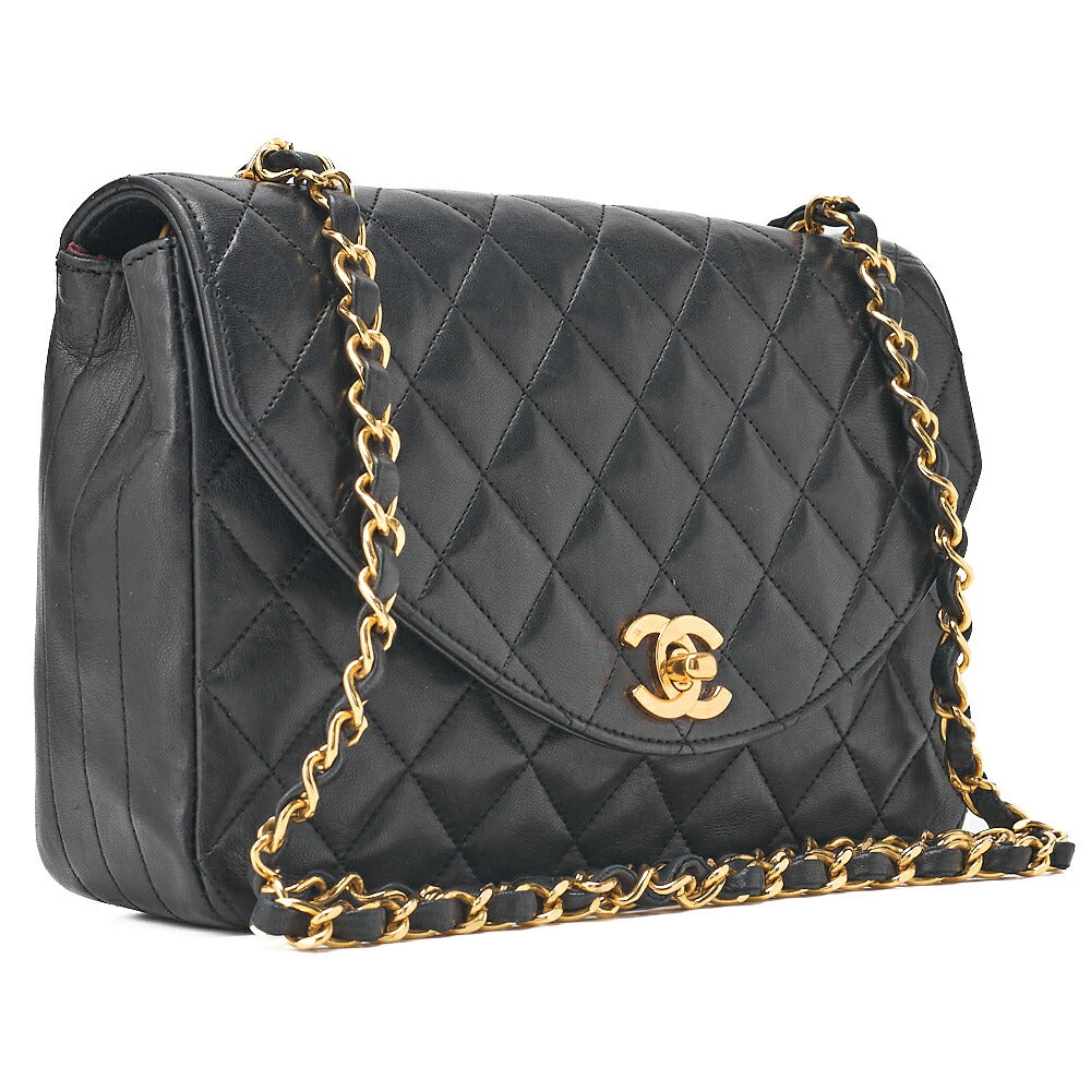 CHANEL Lambskin Matelasse Round Flap Chain Shoulder Black Gold-Tone Hardware, Pre-Owned