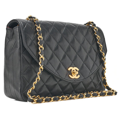 CHANEL Lambskin Matelasse Round Flap Chain Shoulder Black Gold-Tone Hardware, Pre-Owned