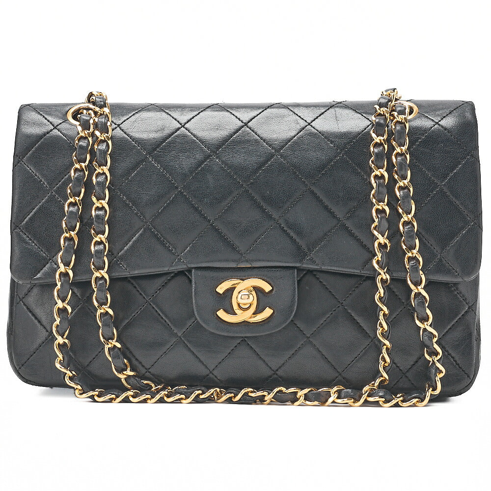 CHANEL Lambskin Matelasse 25cm Double Flap Chain Shoulder Black Gold-Tone Hardware, Pre-Owned