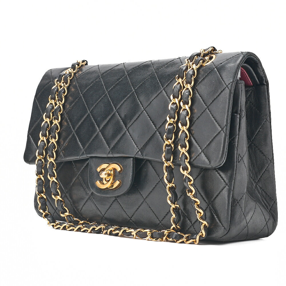 CHANEL Lambskin Matelasse 25cm Double Flap Chain Shoulder Black Gold-Tone Hardware, Pre-Owned