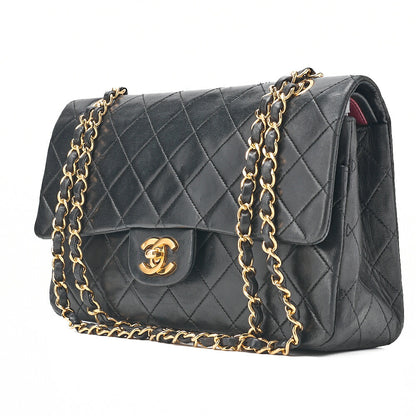 CHANEL Lambskin Matelasse 25cm Double Flap Chain Shoulder Black Gold-Tone Hardware, Pre-Owned