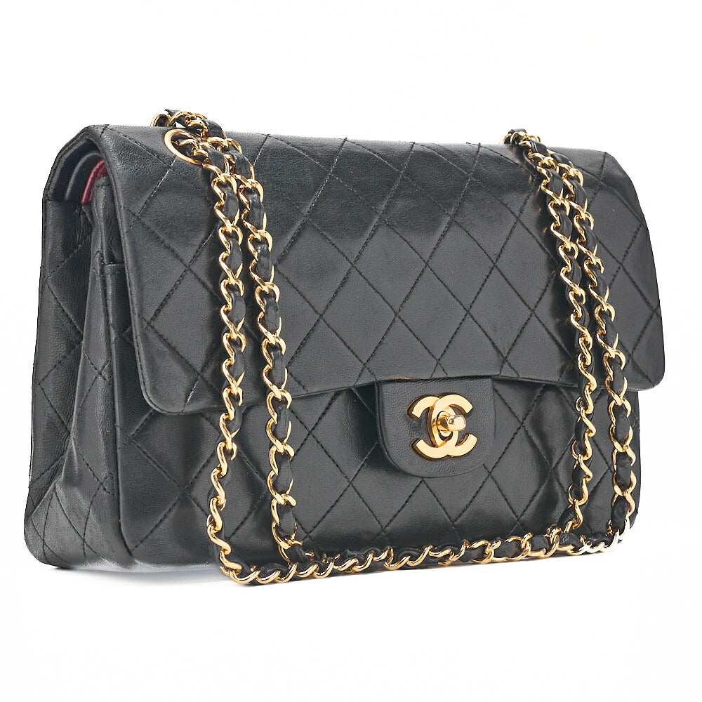 CHANEL Lambskin Matelasse 25cm Double Flap Chain Shoulder Black Gold-Tone Hardware, Pre-Owned