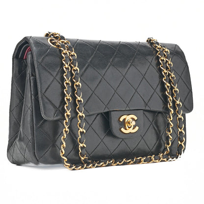 CHANEL Lambskin Matelasse 25cm Double Flap Chain Shoulder Black Gold-Tone Hardware, Pre-Owned