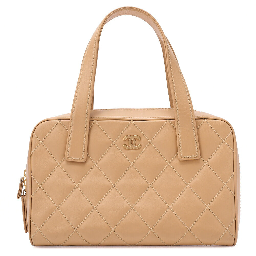 CHANEL Coco Mark Wild Stitch Handbag Calf Leather Beige Gold-Tone Hardware, Pre-Owned